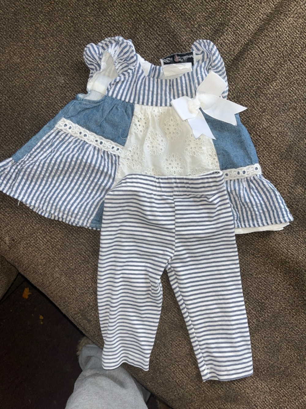 Rare Editions Blue & White Striped Girls Matching Set with Eyelet and Bow